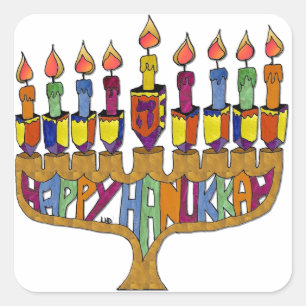 Sticker Carré Happy Hanukkah Dreidels Menorah
