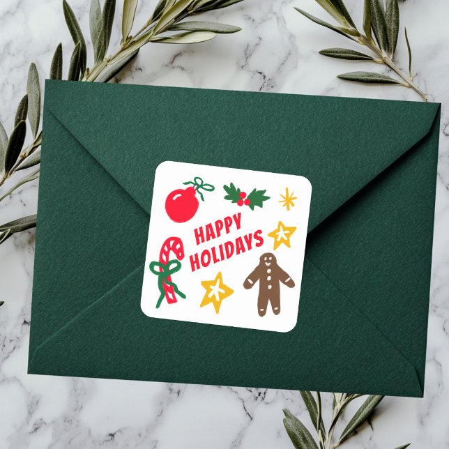 Sticker Carré HAPPY HOLIDAYS Cute Hand-Drawn CUSTOM  (HAPPY HOLIDAYS Cute Hand-Drawn CUSTOM Square Sticker
)