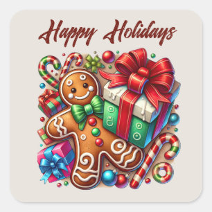 Sticker Carré Happy Holidays gingerbread ajouter un texte