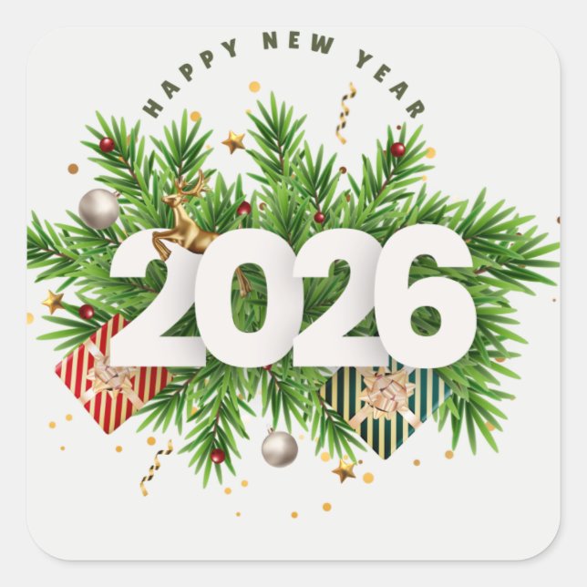 Sticker Carré Happy New Year 2026 Festive Christmas Greenery Des (Devant)