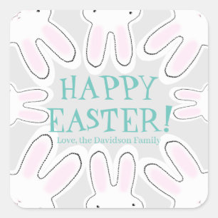 Sticker Carré Happy Pâques gris pastel texte personnalisé lapins