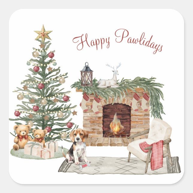 Sticker Carré Happy Pawlidays Chien Design - Beagle (Devant)