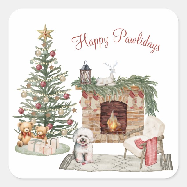 Sticker Carré Happy Pawlidays Chien Design - Bichon Frise (Devant)