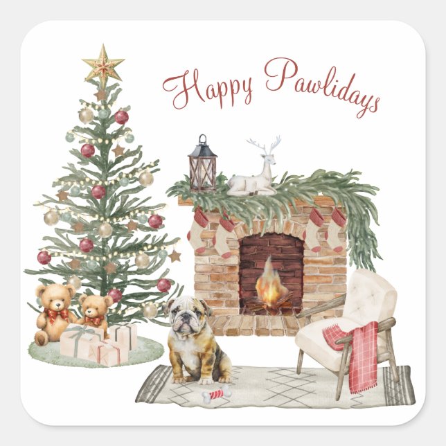 Sticker Carré Happy Pawlidays Chien Design - Français Bulldog (Devant)