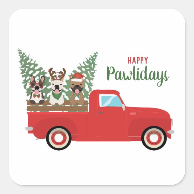 Sticker Carré Happy Pawlidays French Bulldogs Red Pickup Truck (Devant)