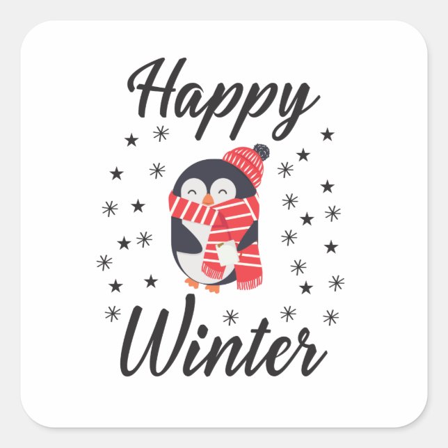 Sticker Carré Happy Winter, mignon Penguin (Devant)