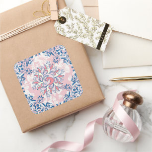 Sticker Carré Harmonie ailée florale – Oiseau rose et blanc