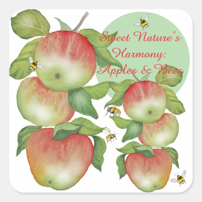 Sticker Carré Harmonie douce : Pommes aquarelles et une abeille (Devant)