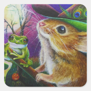 Sticker Carré Harriet Halloween sorcière souris grenouille aqua