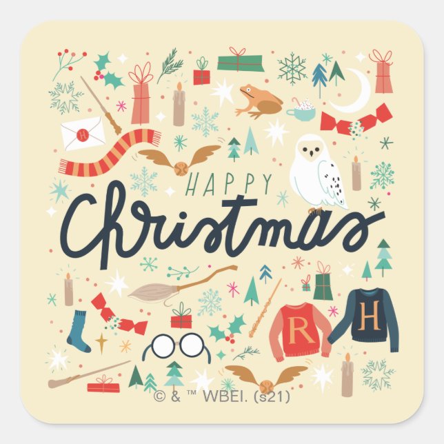 Sticker Carré Harry Potter | Joyeux Noël Avec Icônes Festives (Devant)