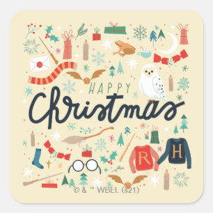 Sticker Carré Harry Potter   Joyeux Noël Avec Icônes Festives