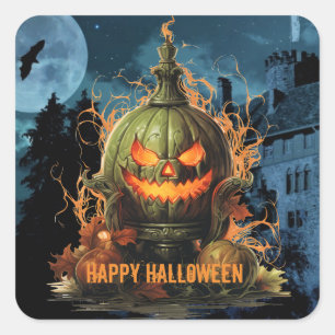 Sticker Carré Hauné Citrouille et manoir Halloween