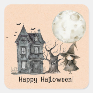 Sticker Carré Hauné House Witch Éffrayant Halloween Party