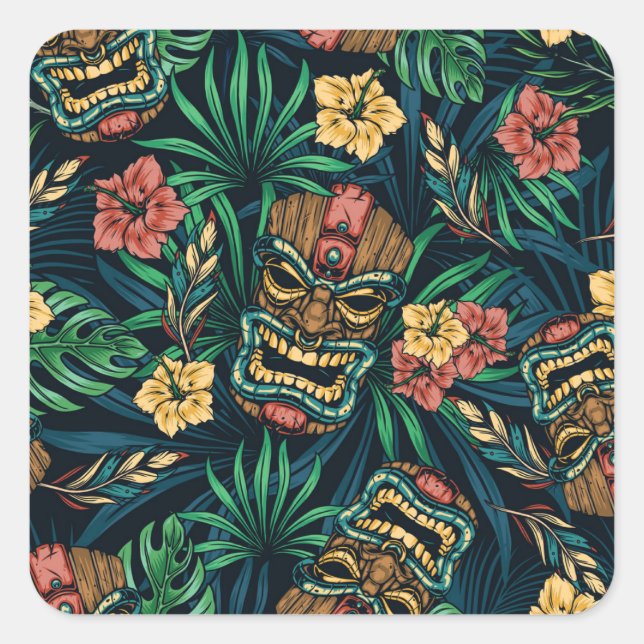 Sticker Carré Hawaï Tiki Masque Motif tropical (Devant)