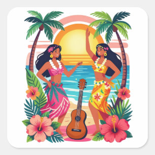 Sticker Carré Hawaïen Danse Tropicale de Hula Coucher de Soleil
