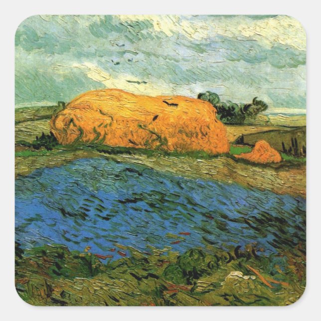 Sticker Carré Haystacks Under a Rainy Sky par Vincent van Gogh (Devant)