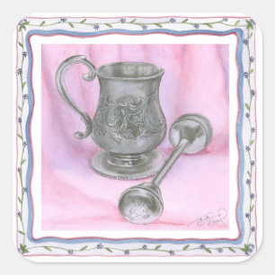 Sticker Carré Heirloom Cup & Rattle sur Arrière - plan pourpre