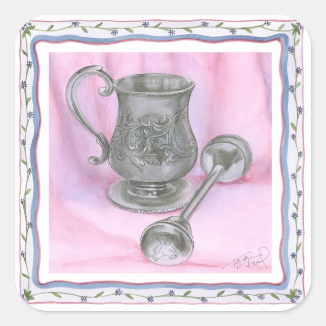 Sticker Carré Heirloom Cup & Rattle sur Arrière - plan pourpre (Devant)