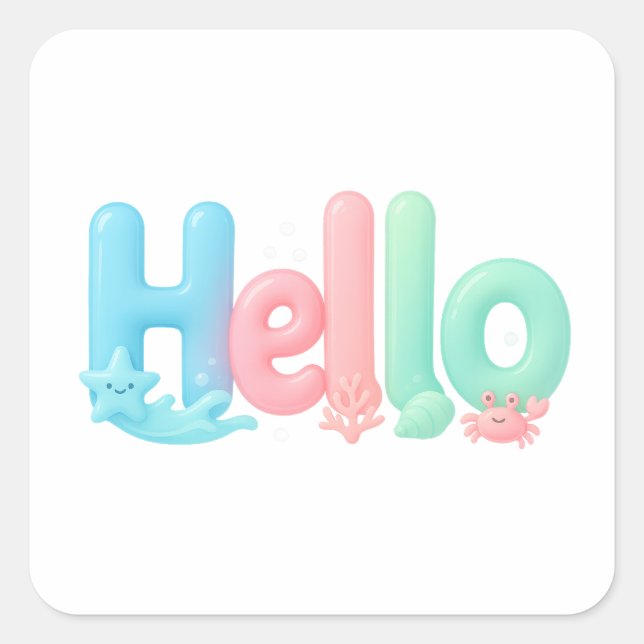 Sticker Carré Hello Glossy Pastel Ocean Text (Devant)