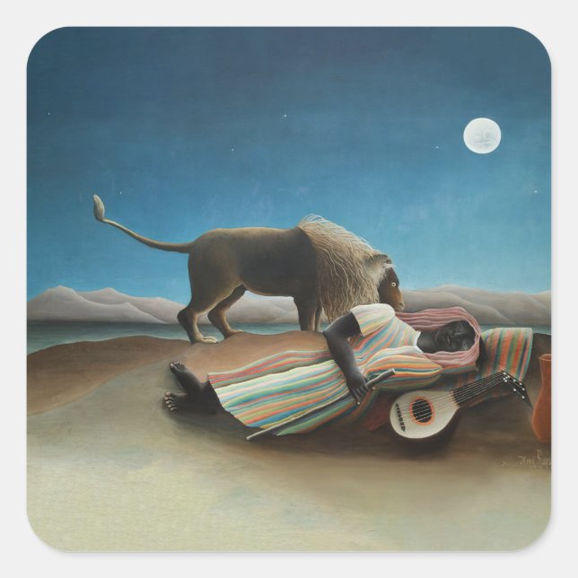 Sticker Carré Henri Rousseau Dormir Gitan Lion Peinture (Devant)