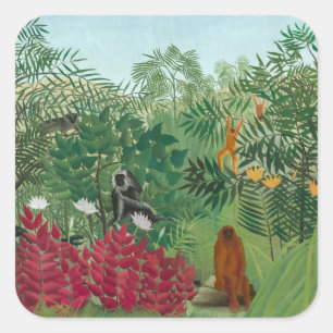 Sticker Carré Henri Rousseau - Forêt tropicale avec singes