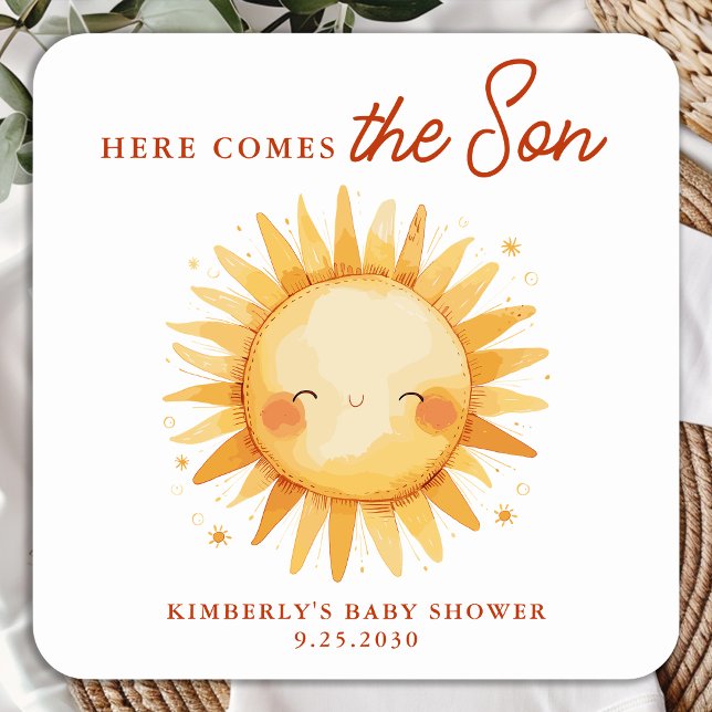 Sticker Carré Here Comes The Son Boho Sunshine Cute Baby Shower (Créateur téléchargé)