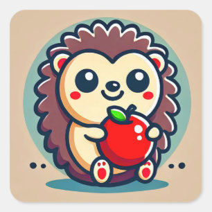 Sticker Carré Hérisson adorable tenant une pomme rouge