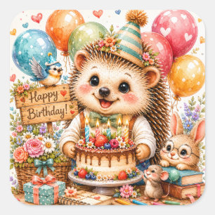 Sticker Carré Hérisson Mignon Joyeux Anniversaire Amis de la For