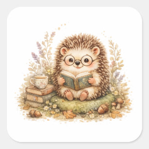 Sticker Carré Hérisson Mignon Lisant un Livre Automne Cosy