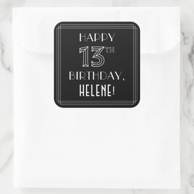 Sticker Carré HEUREUX 13E ANNIVERSAIRE ; Style Art Déco ; Nom pe (Sac)