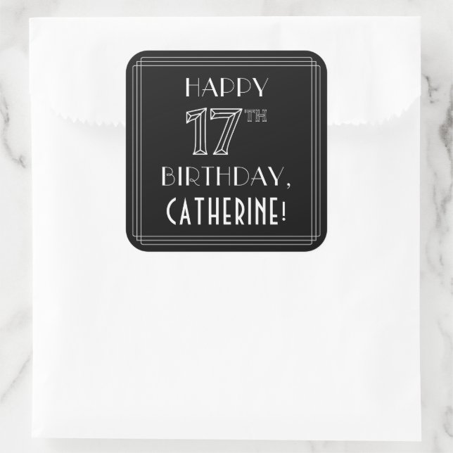 Sticker Carré HEUREUX 17E ANNIVERSAIRE ; Style Art Déco ; Nom pe (Sac)