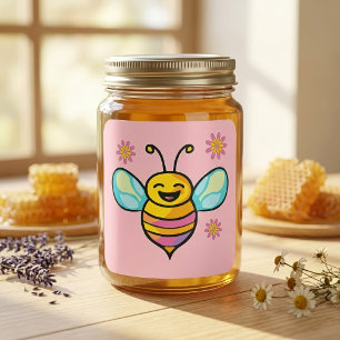 Sticker Carré Heureux bébé abeille souriante avec des fleurs.