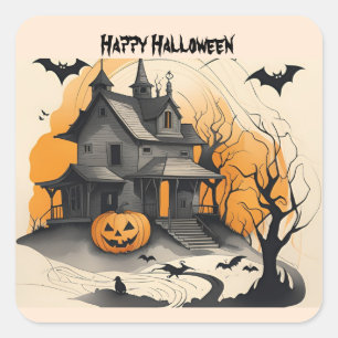 Sticker Carré heureux Halloween maison hantée