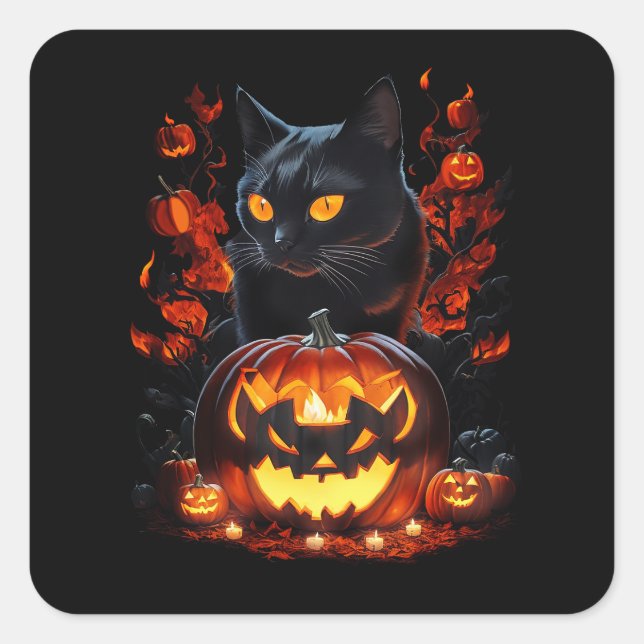 Sticker Carré Hex, le T-shirt chat noir Halloween (Devant)