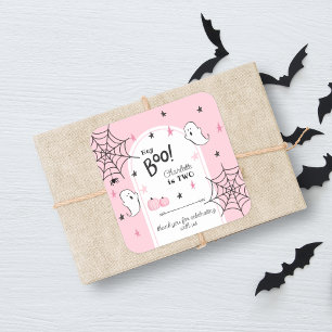 Sticker Carré Hey Boo Pink Halloween Deuxième anniversaire Favor
