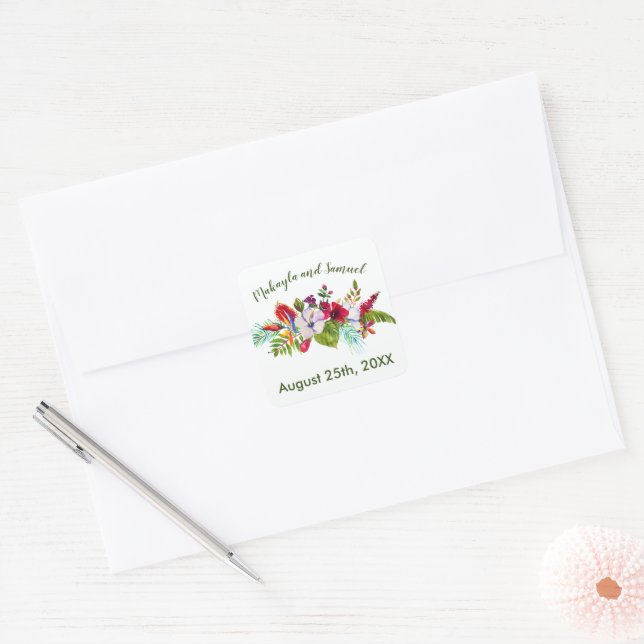 Sticker Carré Hibiscus Mariage vert de l'île fleurie tropicale (Enveloppe)