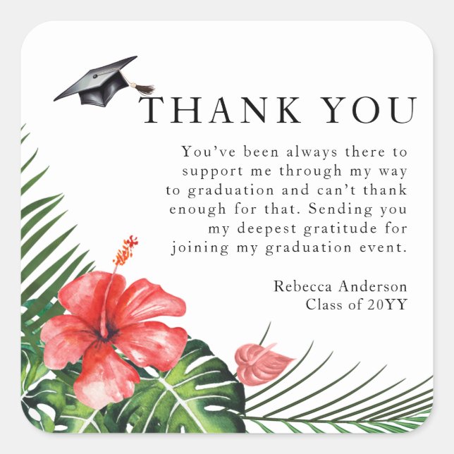 Sticker Carré Hibiscus Tropical Custom Text Graduation Merci (Devant)