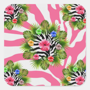 Sticker Carré Hibiscus tropical et rayures exotiques de zèbre ro