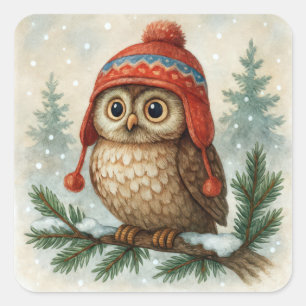 Sticker Carré Hibou à l'aquarelle dans un bonnet d'hiver