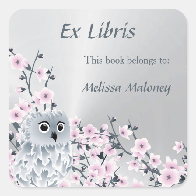 Sticker Carré Hibou et fleurs de cerisier Ex Libris Bookplate (Devant)