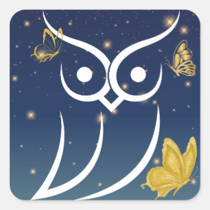 Sticker Carré Hibou et papillons