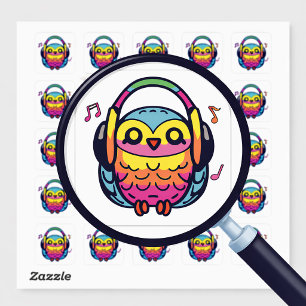 Sticker Carré Hibou heureux avec des écouteurs en train d'écoute