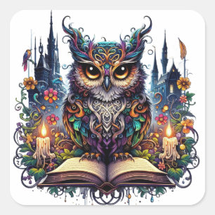 Sticker Carré Hibou livresque magique
