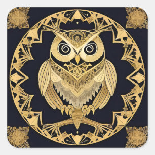 Sticker Carré Hibou Ornemental Doré avec Motif Décoratif