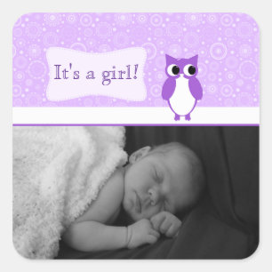Sticker Carré Hibou pourpre avec la nouvelle photo de bébé de