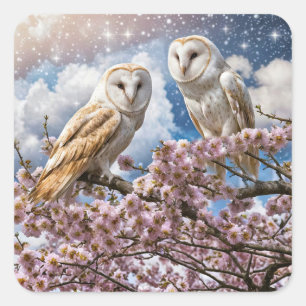 Sticker Carré Hiboux Boho dans les fleurs en fleurs
