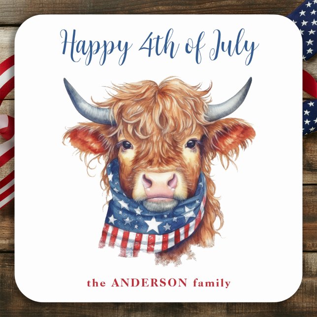Sticker Carré Highland Cow 4 juillet rouge blanc bleu bleu patri (Créateur téléchargé)