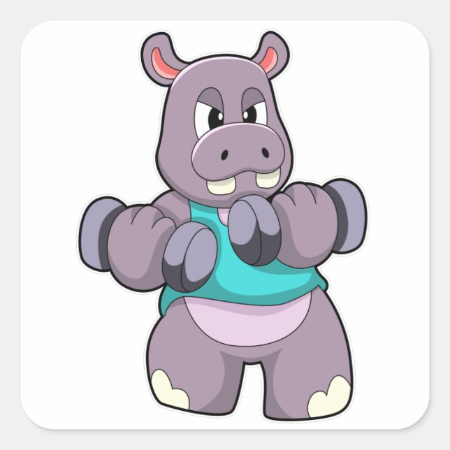 Sticker Carré Hippo à Bodybuilding avec Dumbbells (Devant)