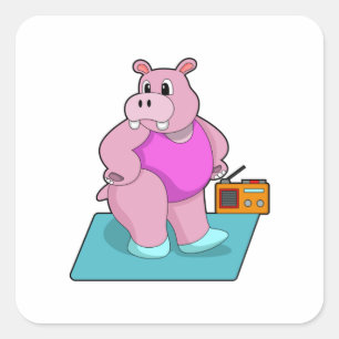 Sticker Carré Hippo at Fitness with Radio.PNG