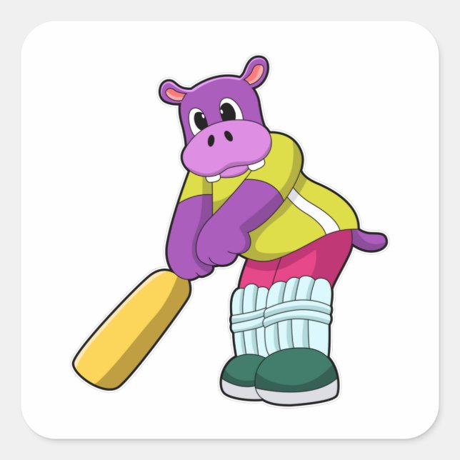 Sticker Carré Hippo au cricket avec batte de cricket (Devant)